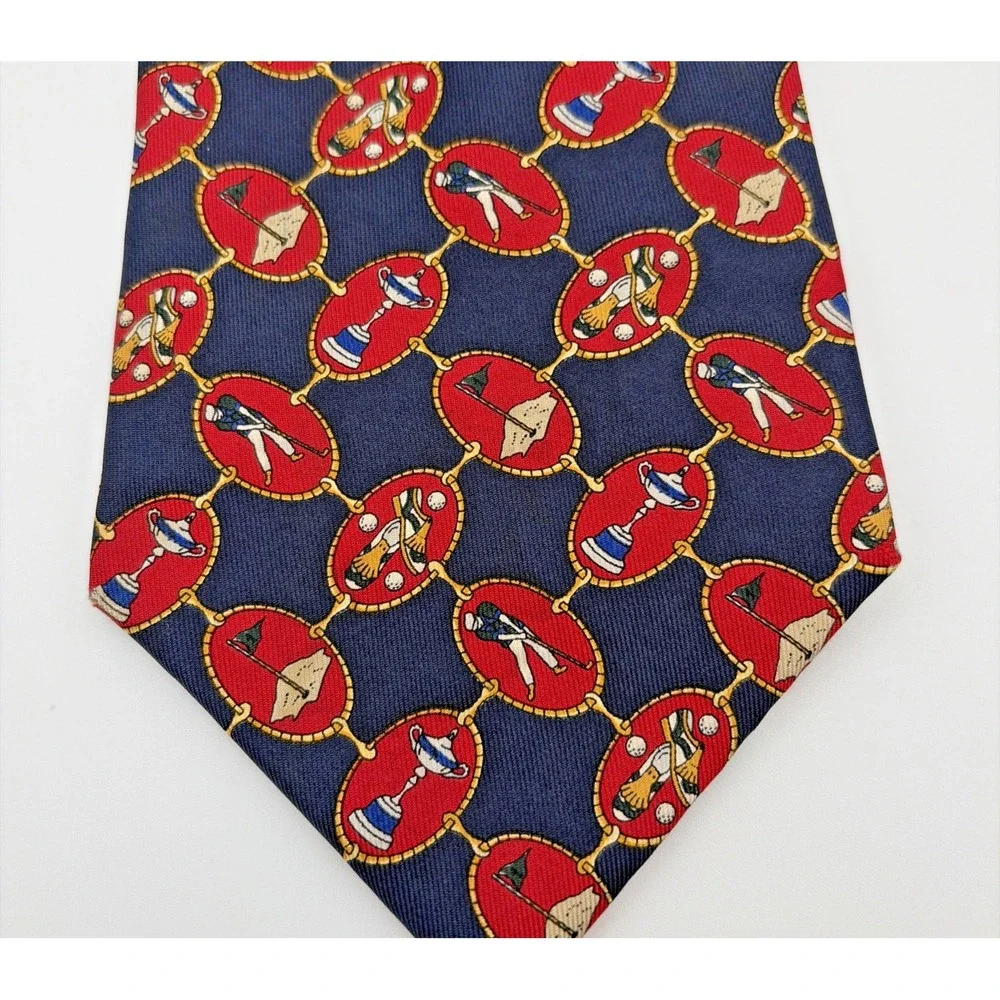 Tommy Hilfiger Tie Mens OS Navy Blue Golf Novelty Print Italian Silk USA Made